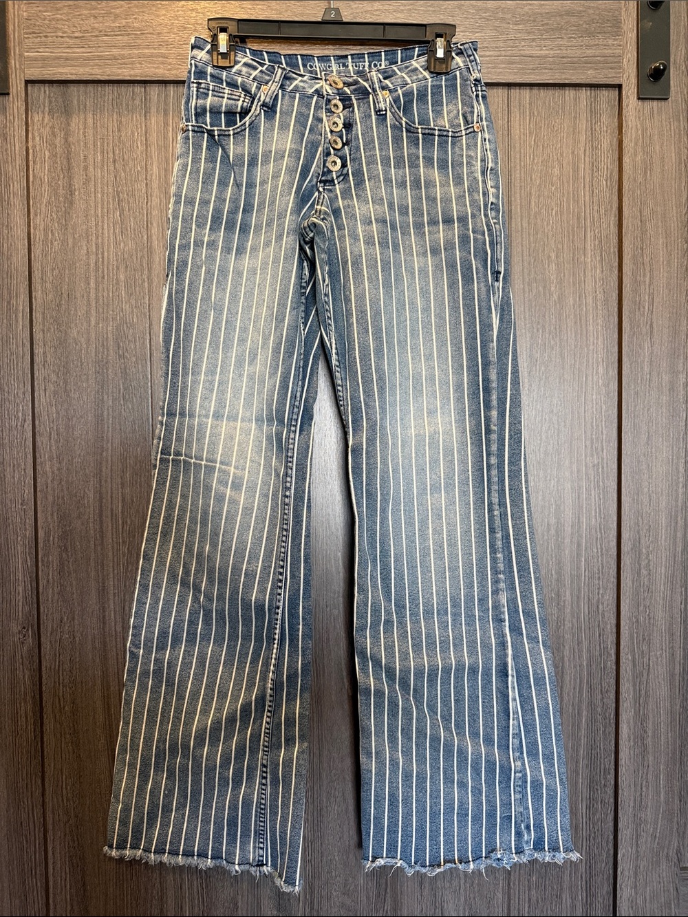 Cowgirl Tuff Trouser - Striped Button-Fly Wide Leg Jeans - Blue & White